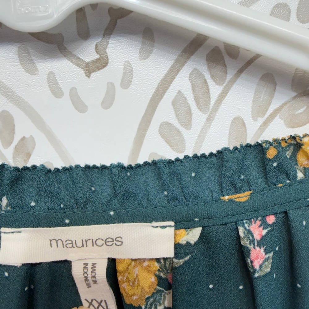 Maurices Floral Blouse Women XXL Teal Pink Yellow‎ Ruffle Neck Long Sleeve Top - Picture 4 of 7